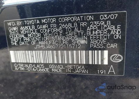 2007 Lexus Es 350 Base z USA, uszkodzony, nr VIN JTHBJ46G772115712